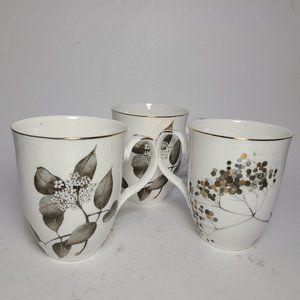 GRACE TEAWARE set (3) Floral Mug Cup Fine Porcelain white gray gold Rim new